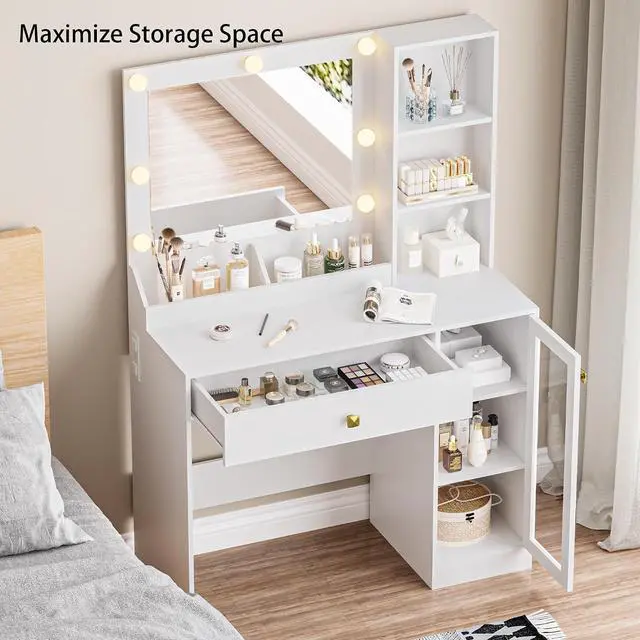 Alt view image 5 of 7 - Small Vanity Desk with Mirror and Lights, Makeup Vanity Desk with Adjustable Brightness 3 Light Modes, RGB Storage Cabinet, Power Outlet, Drawer, Shelves, Vanity Table for Women Girls Bedroom