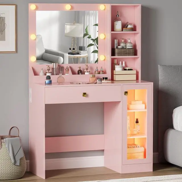 Main image of Small Vanity Desk with Mirror and Lights, Makeup Vanity Desk with Adjustable Brightness 3 Light Modes, RGB Storage Cabinet, Power Outlet, Drawer, Shelves