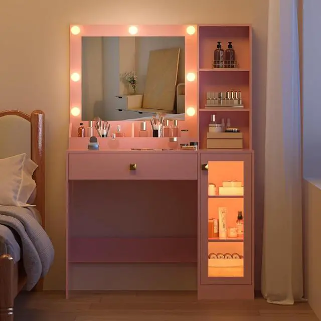 Alt view image 2 of 7 - Small Vanity Desk with Mirror and Lights, Makeup Vanity Desk with Adjustable Brightness 3 Light Modes, RGB Storage Cabinet, Power Outlet, Drawer, Shelves