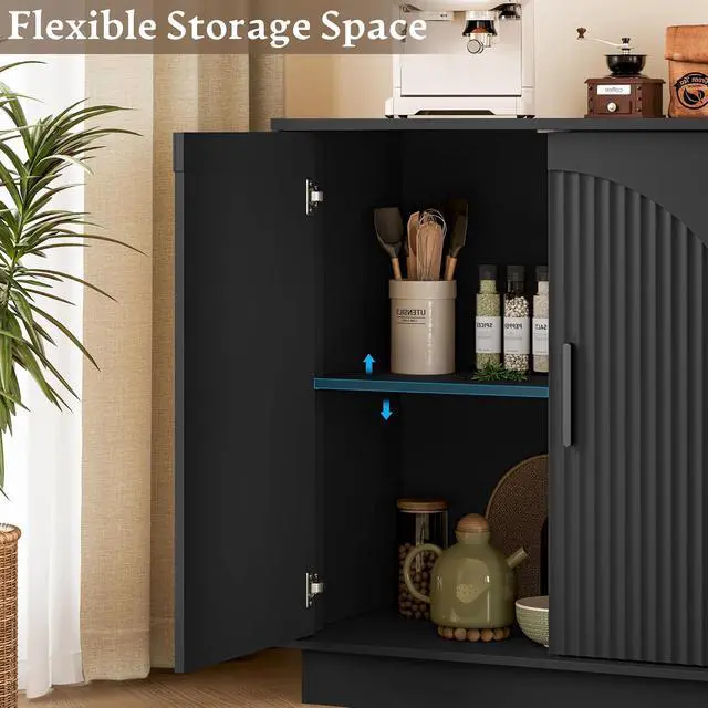Alt view image 4 of 7 - Buffet Sideboard Cabinet with Storage, Fluted Coffee Bar Cabinet | Adjustable shelf, fluted doors, metal handles, enclosed base, anti-tip kit, ideal for kitchen, dining room, or coffee bar