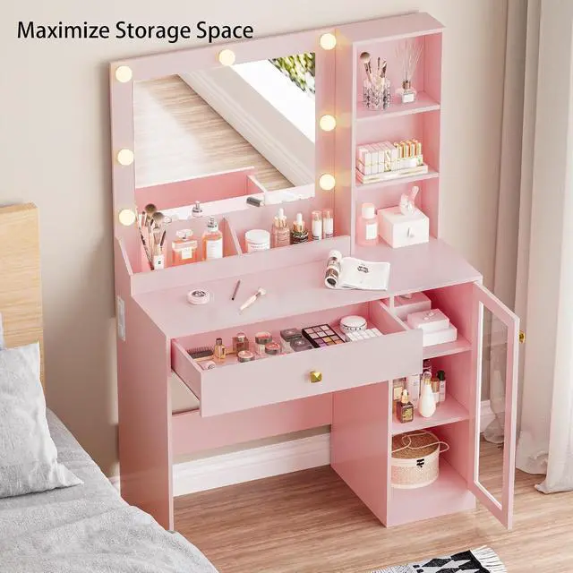 Alt view image 5 of 7 - Small Vanity Desk with Mirror and Lights, Makeup Vanity Desk with Adjustable Brightness 3 Light Modes, RGB Storage Cabinet, Power Outlet, Drawer, Shelves