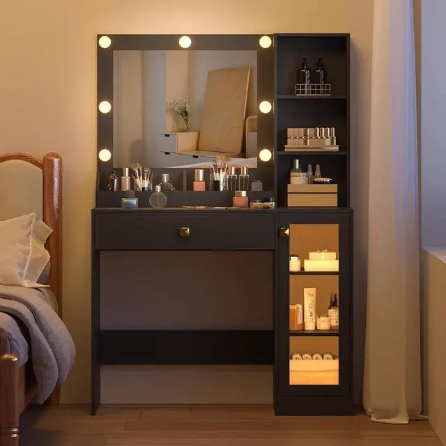 Alt view image 2 of 7 - Small Vanity Desk with Mirror and Lights, Makeup Vanity Desk with Adjustable Brightness 3 Light Modes, RGB Storage Cabinet, Power Outlet, Drawer, Shelves, Vanity Table for Women Girls Bedroom