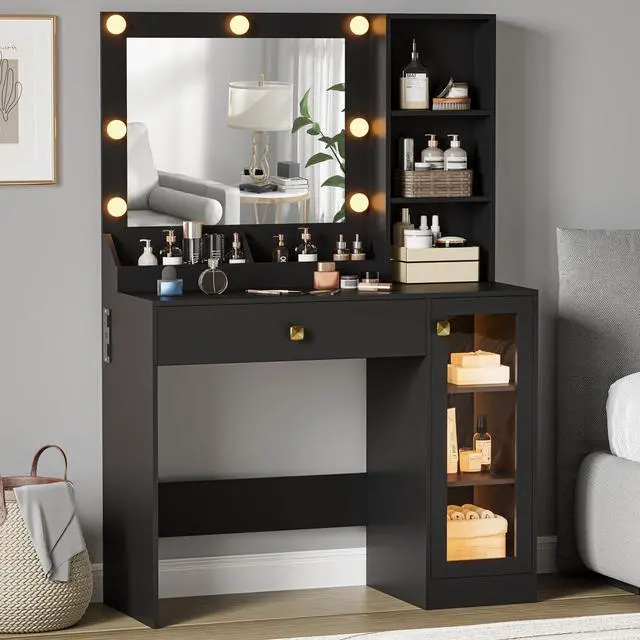 Main image of Small Vanity Desk with Mirror and Lights, Makeup Vanity Desk with Adjustable Brightness 3 Light Modes, RGB Storage Cabinet, Power Outlet, Drawer, Shelves, Vanity Table for Women Girls Bedroom