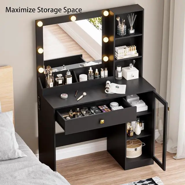 Alt view image 5 of 7 - Small Vanity Desk with Mirror and Lights, Makeup Vanity Desk with Adjustable Brightness 3 Light Modes, RGB Storage Cabinet, Power Outlet, Drawer, Shelves, Vanity Table for Women Girls Bedroom