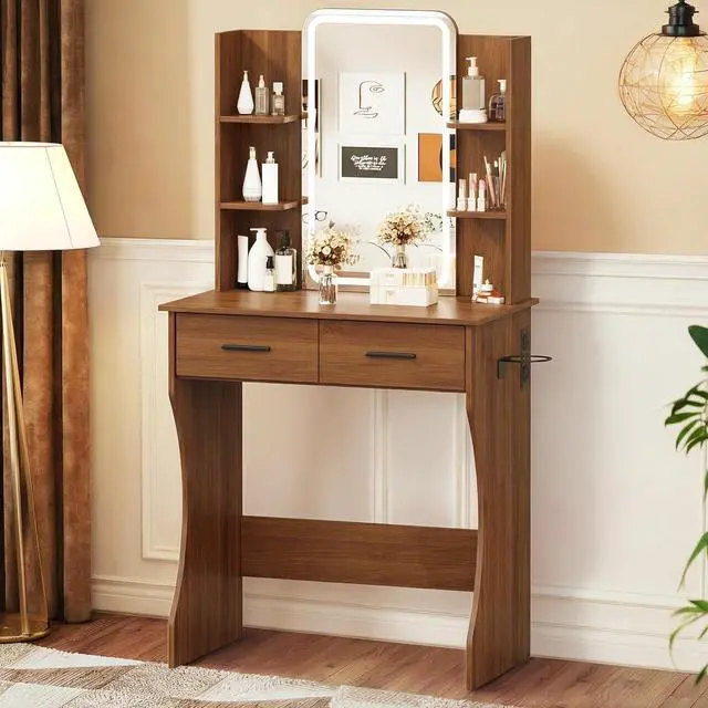 Main image of Vanity Desk with Mirror and Lights, Small Makeup Vanity Desk with Charging Station, Bedroom Vanity Table with Drawers, Storage Shelves, RGB Ambient Light and Hair Dryer Holder