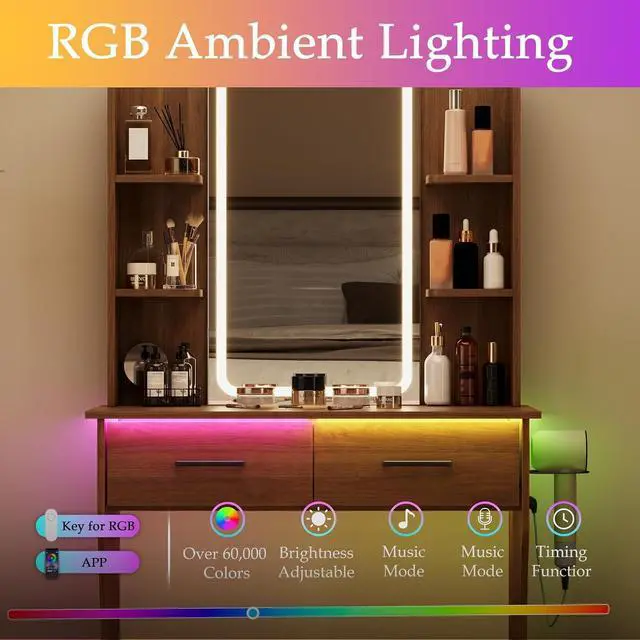 Alt view image 4 of 7 - Vanity Desk with Mirror and Lights, Small Makeup Vanity Desk with Charging Station, Bedroom Vanity Table with Drawers, Storage Shelves, RGB Ambient Light and Hair Dryer Holder