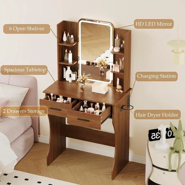 Alt view image 2 of 7 - Vanity Desk with Mirror and Lights, Small Makeup Vanity Desk with Charging Station, Bedroom Vanity Table with Drawers, Storage Shelves, RGB Ambient Light and Hair Dryer Holder