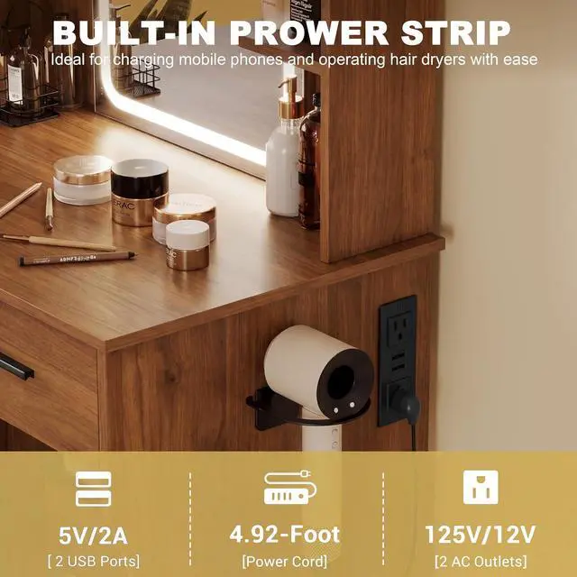 Alt view image 5 of 7 - Vanity Desk with Mirror and Lights, Small Makeup Vanity Desk with Charging Station, Bedroom Vanity Table with Drawers, Storage Shelves, RGB Ambient Light and Hair Dryer Holder