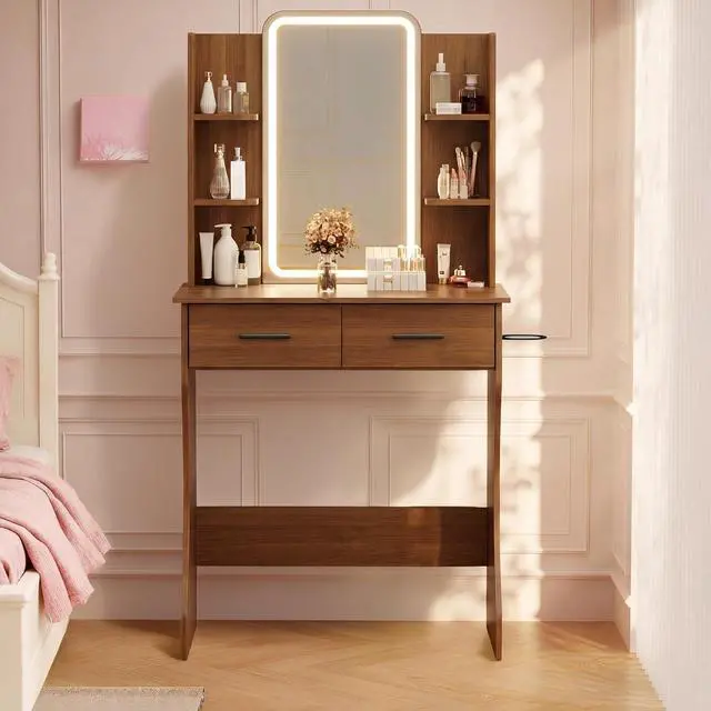 Alt view image 7 of 7 - Vanity Desk with Mirror and Lights, Small Makeup Vanity Desk with Charging Station, Bedroom Vanity Table with Drawers, Storage Shelves, RGB Ambient Light and Hair Dryer Holder