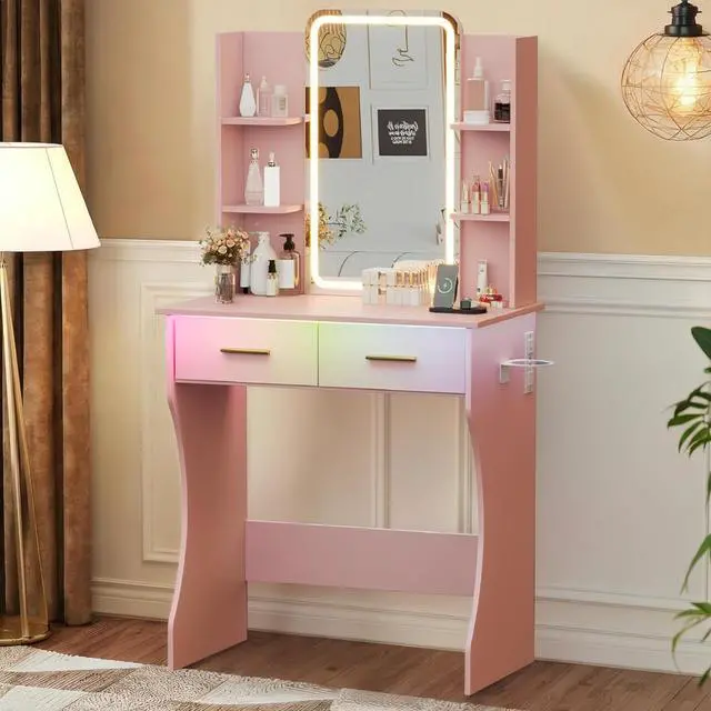 Main image of Vanity Desk with Mirror and Lights, Small Makeup Vanity Desk with Charging Station, Bedroom Vanity Table with Drawers, Storage Shelves, RGB Ambient Light and Hair Dryer Holder