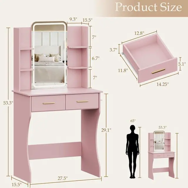 Alt view image 2 of 7 - Vanity Desk with Mirror and Lights, Small Makeup Vanity Desk with Charging Station, Bedroom Vanity Table with Drawers, Storage Shelves, RGB Ambient Light and Hair Dryer Holder