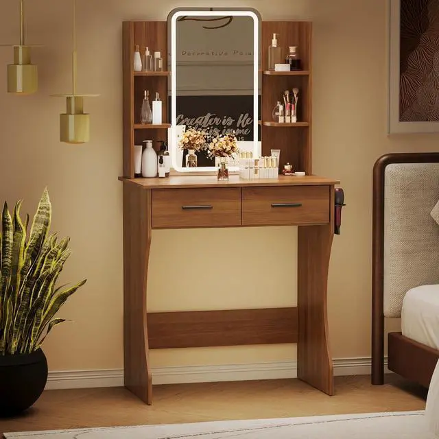 Alt view image 6 of 7 - Vanity Desk with Mirror and Lights, Small Makeup Vanity Desk with Charging Station, Bedroom Vanity Table with Drawers, Storage Shelves, RGB Ambient Light and Hair Dryer Holder