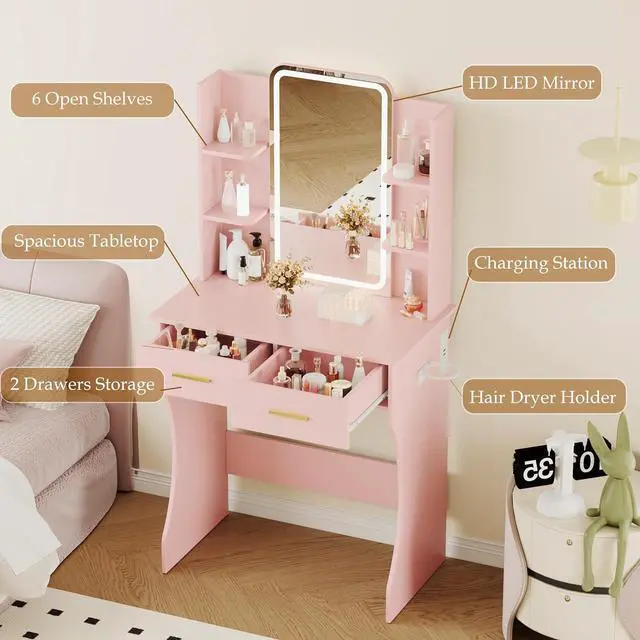 Alt view image 3 of 7 - Vanity Desk with Mirror and Lights, Small Makeup Vanity Desk with Charging Station, Bedroom Vanity Table with Drawers, Storage Shelves, RGB Ambient Light and Hair Dryer Holder
