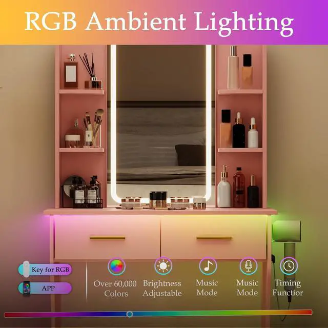 Alt view image 5 of 7 - Vanity Desk with Mirror and Lights, Small Makeup Vanity Desk with Charging Station, Bedroom Vanity Table with Drawers, Storage Shelves, RGB Ambient Light and Hair Dryer Holder