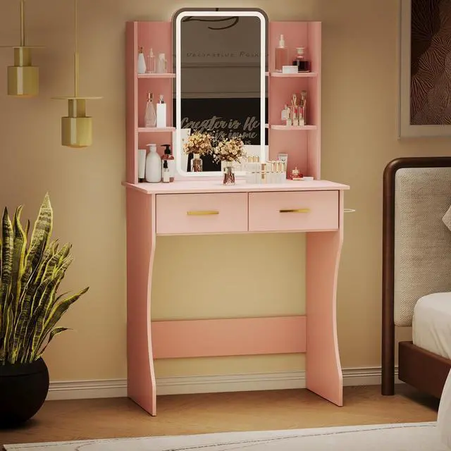 Alt view image 7 of 7 - Vanity Desk with Mirror and Lights, Small Makeup Vanity Desk with Charging Station, Bedroom Vanity Table with Drawers, Storage Shelves, RGB Ambient Light and Hair Dryer Holder