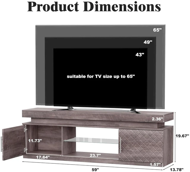 Alt view image 2 of 7 - TV Stand for 65 Inch TV, 59" TV Stands for Living Room with Power Outlet & RGB LED Lights, Modern Entertainment Center, TV Console with Storage Cabinets, Adjustable Shelf (Grey)