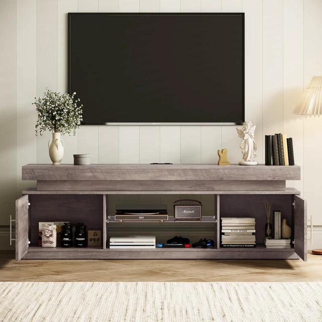 Alt view image 3 of 7 - TV Stand for 65 Inch TV, 59" TV Stands for Living Room with Power Outlet & RGB LED Lights, Modern Entertainment Center, TV Console with Storage Cabinets, Adjustable Shelf (Grey)