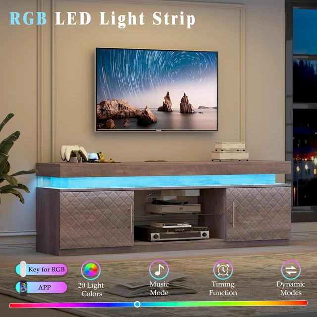 Alt view image 4 of 7 - TV Stand for 65 Inch TV, 59" TV Stands for Living Room with Power Outlet & RGB LED Lights, Modern Entertainment Center, TV Console with Storage Cabinets, Adjustable Shelf (Grey)