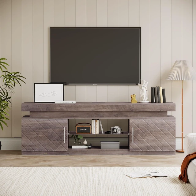 Alt view image 7 of 7 - TV Stand for 65 Inch TV, 59" TV Stands for Living Room with Power Outlet & RGB LED Lights, Modern Entertainment Center, TV Console with Storage Cabinets, Adjustable Shelf (Grey)