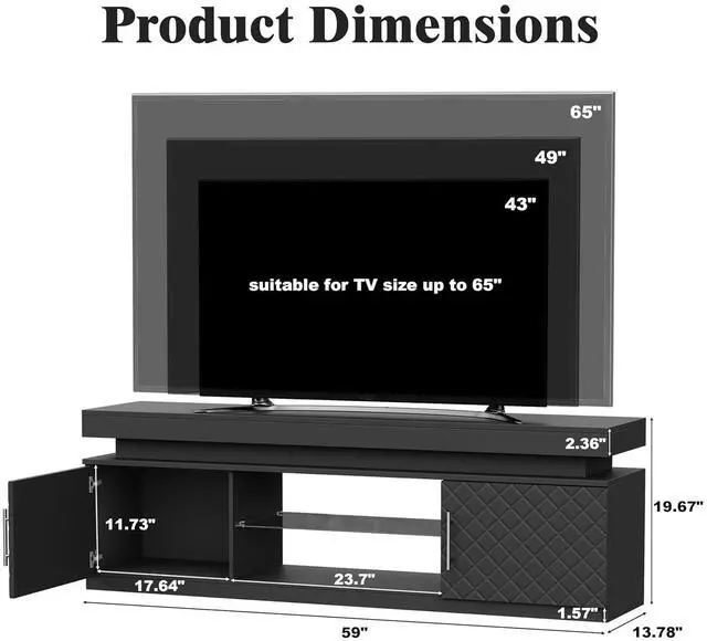 Alt view image 2 of 7 - TV Stand for 65 Inch TV, 59" TV Stands for Living Room with Power Outlet & RGB LED Lights, Modern Entertainment Center, TV Console with Storage Cabinets, Adjustable Shelf (Black)