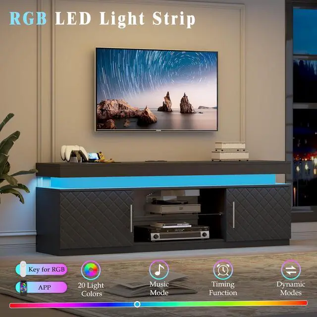 Alt view image 4 of 7 - TV Stand for 65 Inch TV, 59" TV Stands for Living Room with Power Outlet & RGB LED Lights, Modern Entertainment Center, TV Console with Storage Cabinets, Adjustable Shelf (Black)