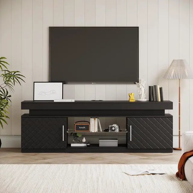 Alt view image 7 of 7 - TV Stand for 65 Inch TV, 59" TV Stands for Living Room with Power Outlet & RGB LED Lights, Modern Entertainment Center, TV Console with Storage Cabinets, Adjustable Shelf (Black)