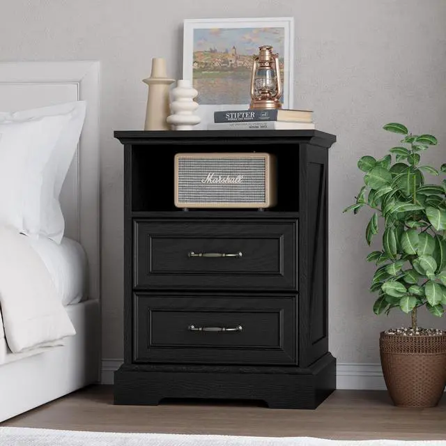 Main image of 2-Drawer Nightstand with Charging Station, Rustic Wooden Top Bedside Table with Natural Wood Texture, Vintage Storage Organizer Dresser for Bedroom, Hallway