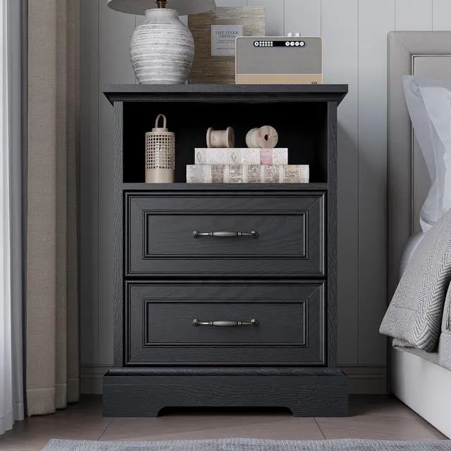 Alt view image 3 of 6 - 2-Drawer Nightstand with Charging Station, Rustic Wooden Top Bedside Table with Natural Wood Texture, Vintage Storage Organizer Dresser for Bedroom, Hallway