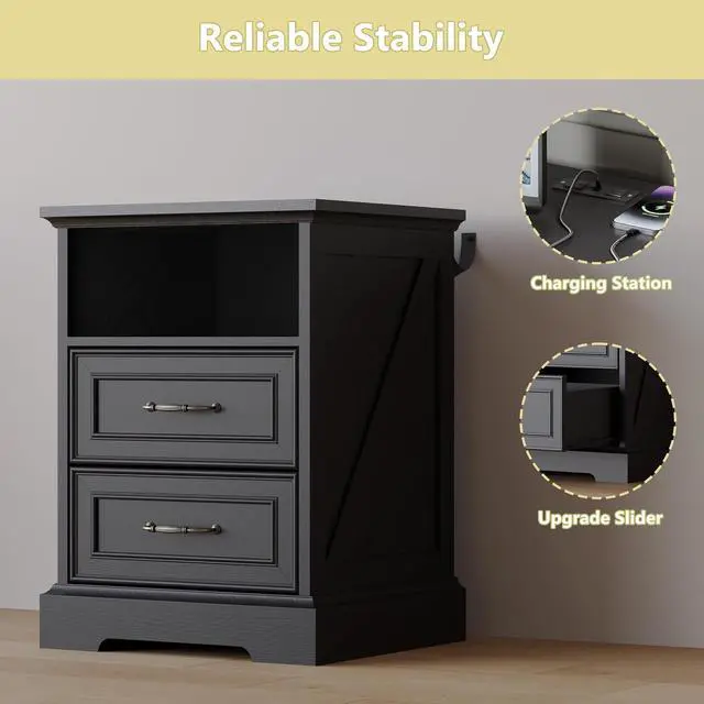 Alt view image 5 of 6 - 2-Drawer Nightstand with Charging Station, Rustic Wooden Top Bedside Table with Natural Wood Texture, Vintage Storage Organizer Dresser for Bedroom, Hallway
