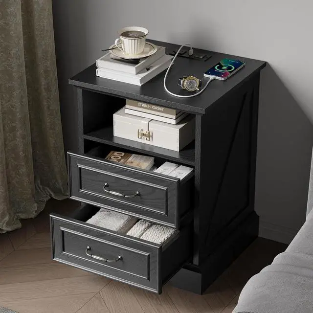 Alt view image 4 of 6 - 2-Drawer Nightstand with Charging Station, Rustic Wooden Top Bedside Table with Natural Wood Texture, Vintage Storage Organizer Dresser for Bedroom, Hallway
