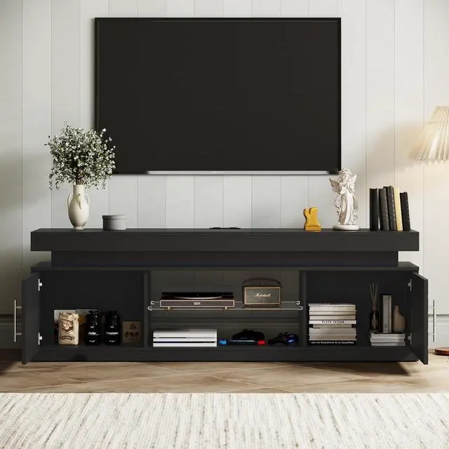 Alt view image 3 of 7 - TV Stand for 65 Inch TV, 59" TV Stands for Living Room with Power Outlet & RGB LED Lights, Modern Entertainment Center, TV Console with Storage Cabinets, Adjustable Shelf (Black)