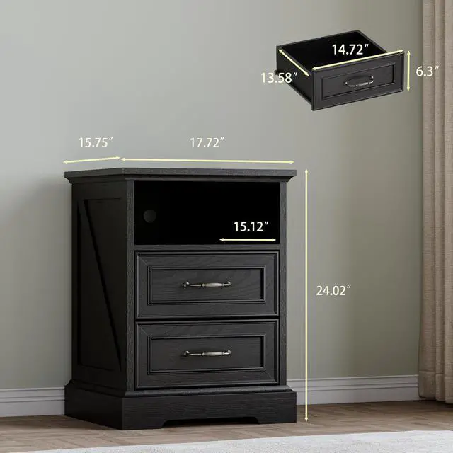 Alt view image 2 of 6 - 2-Drawer Nightstand with Charging Station, Rustic Wooden Top Bedside Table with Natural Wood Texture, Vintage Storage Organizer Dresser for Bedroom, Hallway