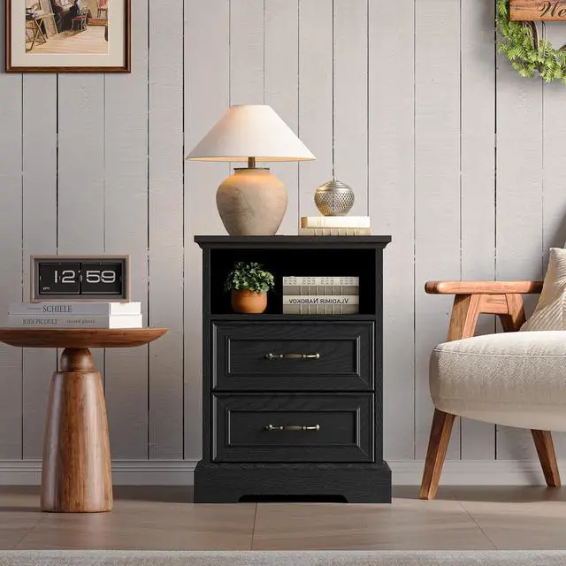 Alt view image 6 of 6 - 2-Drawer Nightstand with Charging Station, Rustic Wooden Top Bedside Table with Natural Wood Texture, Vintage Storage Organizer Dresser for Bedroom, Hallway