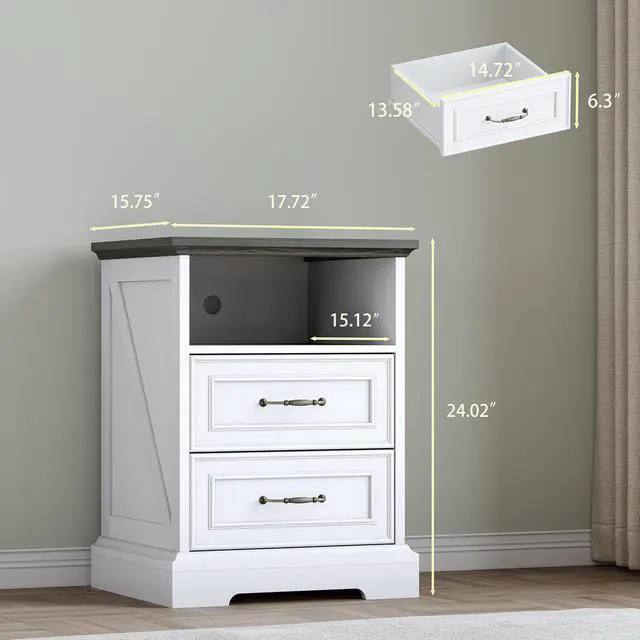 Alt view image 2 of 7 - 2-Drawer Nightstand with Charging Station, Rustic Wooden Top Bedside Table with Natural Wood Texture, Vintage Storage Organizer Dresser for Bedroom, Hallway