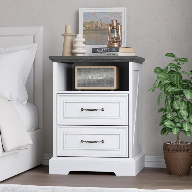 Main image of 2-Drawer Nightstand with Charging Station, Rustic Wooden Top Bedside Table with Natural Wood Texture, Vintage Storage Organizer Dresser for Bedroom, Hallway