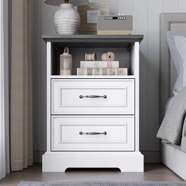 Alt view image 3 of 7 - 2-Drawer Nightstand with Charging Station, Rustic Wooden Top Bedside Table with Natural Wood Texture, Vintage Storage Organizer Dresser for Bedroom, Hallway