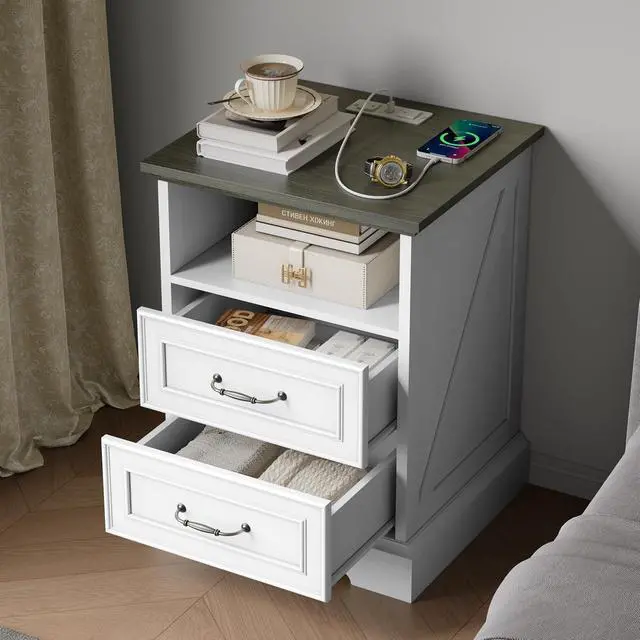 Alt view image 4 of 7 - 2-Drawer Nightstand with Charging Station, Rustic Wooden Top Bedside Table with Natural Wood Texture, Vintage Storage Organizer Dresser for Bedroom, Hallway