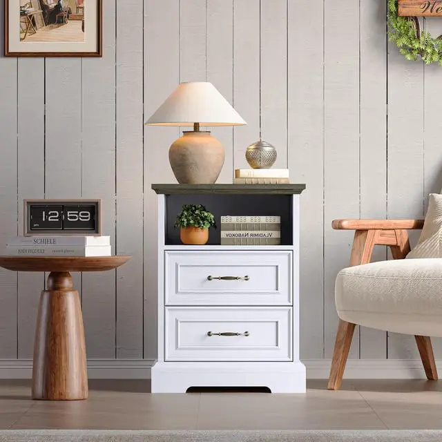 Alt view image 7 of 7 - 2-Drawer Nightstand with Charging Station, Rustic Wooden Top Bedside Table with Natural Wood Texture, Vintage Storage Organizer Dresser for Bedroom, Hallway