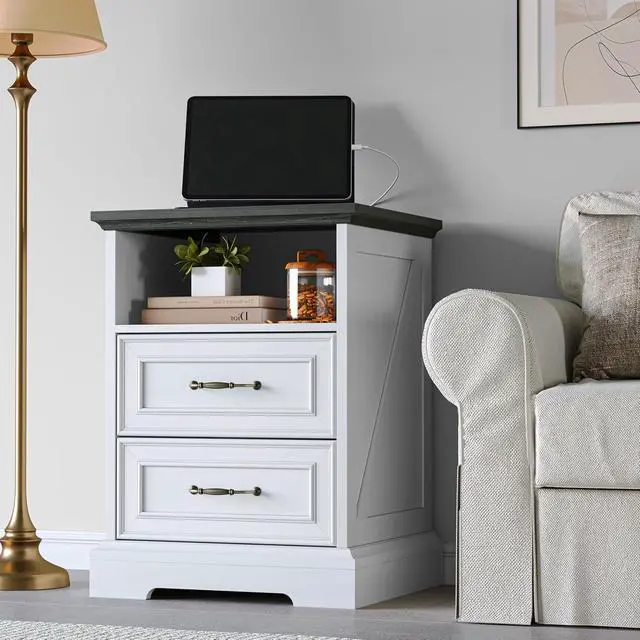 Alt view image 5 of 7 - 2-Drawer Nightstand with Charging Station, Rustic Wooden Top Bedside Table with Natural Wood Texture, Vintage Storage Organizer Dresser for Bedroom, Hallway