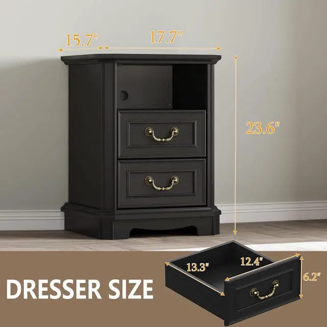 Alt view image 2 of 6 - 2-Drawer Nightstand with Charging Station, Rustic Wooden Top Bedside Table with Natural Wood Texture, Vintage Storage Organizer Dresser for Bedroom, Hallway