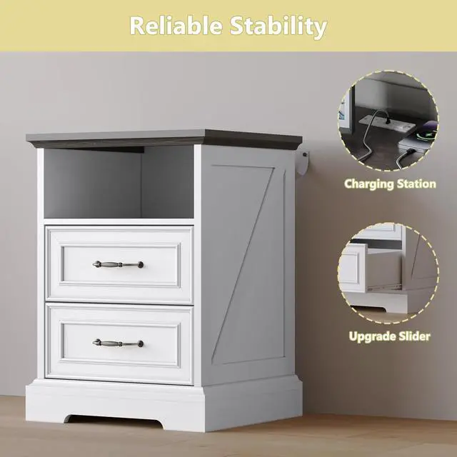 Alt view image 6 of 7 - 2-Drawer Nightstand with Charging Station, Rustic Wooden Top Bedside Table with Natural Wood Texture, Vintage Storage Organizer Dresser for Bedroom, Hallway