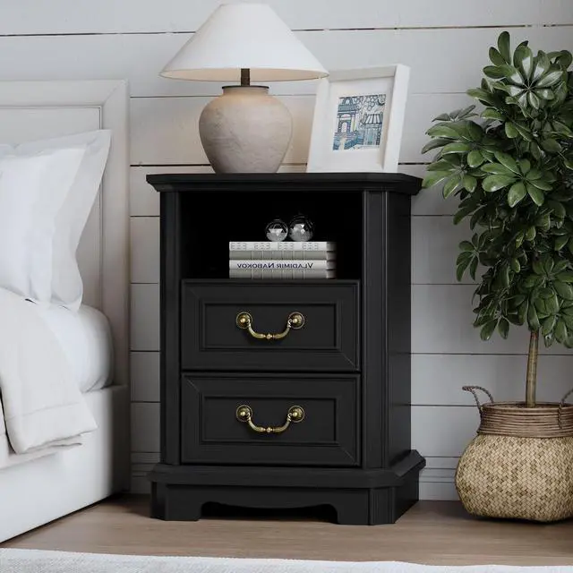 Main image of 2-Drawer Nightstand with Charging Station, Rustic Wooden Top Bedside Table with Natural Wood Texture, Vintage Storage Organizer Dresser for Bedroom, Hallway