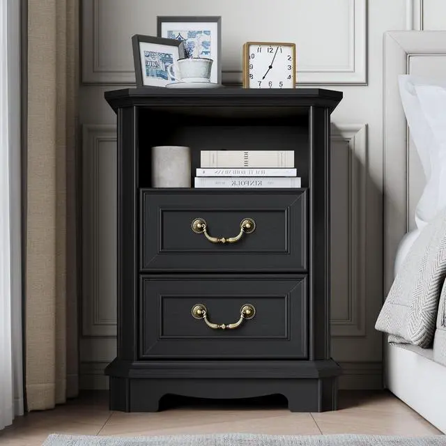 Alt view image 3 of 6 - 2-Drawer Nightstand with Charging Station, Rustic Wooden Top Bedside Table with Natural Wood Texture, Vintage Storage Organizer Dresser for Bedroom, Hallway