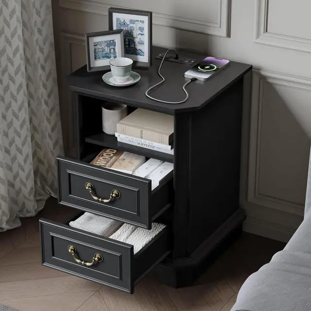 Alt view image 4 of 6 - 2-Drawer Nightstand with Charging Station, Rustic Wooden Top Bedside Table with Natural Wood Texture, Vintage Storage Organizer Dresser for Bedroom, Hallway