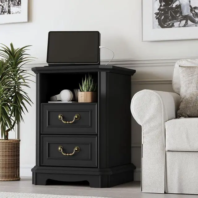 Alt view image 5 of 6 - 2-Drawer Nightstand with Charging Station, Rustic Wooden Top Bedside Table with Natural Wood Texture, Vintage Storage Organizer Dresser for Bedroom, Hallway