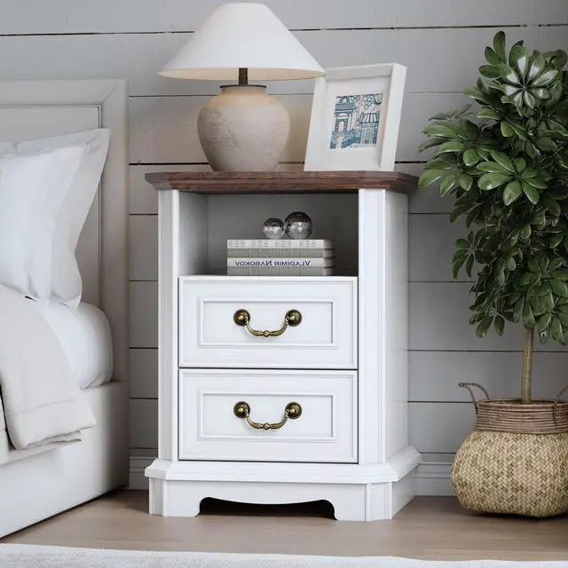 Main image of 2-Drawer Dresser with Charging Station, Rustic Wooden Top Bedside Table with Natural Wood Texture, Vintage Storage Organizer Dresser for Bedroom, Hallway