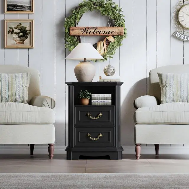 Alt view image 6 of 6 - 2-Drawer Nightstand with Charging Station, Rustic Wooden Top Bedside Table with Natural Wood Texture, Vintage Storage Organizer Dresser for Bedroom, Hallway