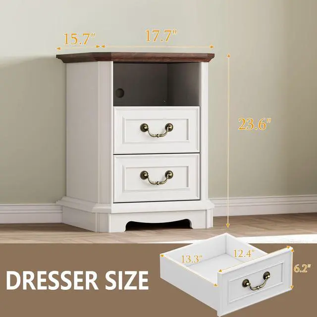 Alt view image 2 of 6 - 2-Drawer Dresser with Charging Station, Rustic Wooden Top Bedside Table with Natural Wood Texture, Vintage Storage Organizer Dresser for Bedroom, Hallway