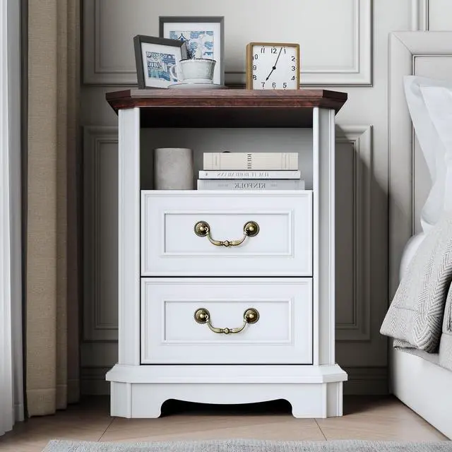 Alt view image 3 of 6 - 2-Drawer Dresser with Charging Station, Rustic Wooden Top Bedside Table with Natural Wood Texture, Vintage Storage Organizer Dresser for Bedroom, Hallway
