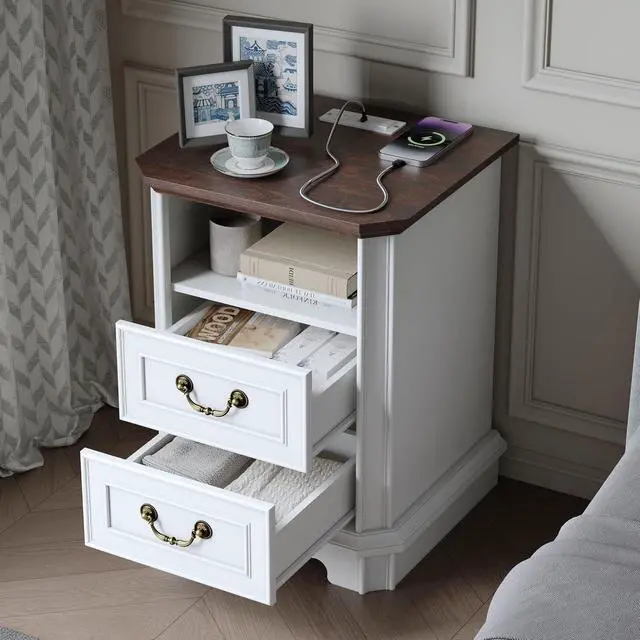 Alt view image 4 of 6 - 2-Drawer Dresser with Charging Station, Rustic Wooden Top Bedside Table with Natural Wood Texture, Vintage Storage Organizer Dresser for Bedroom, Hallway